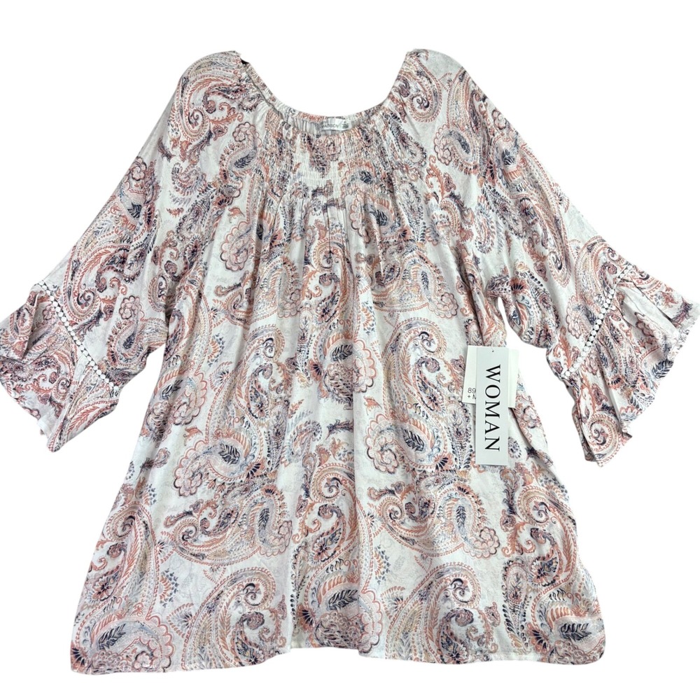 89th + Madison Womens 2X Paisley Blouse Smocked Neck Bell‎ Sleeve Cottage NEW